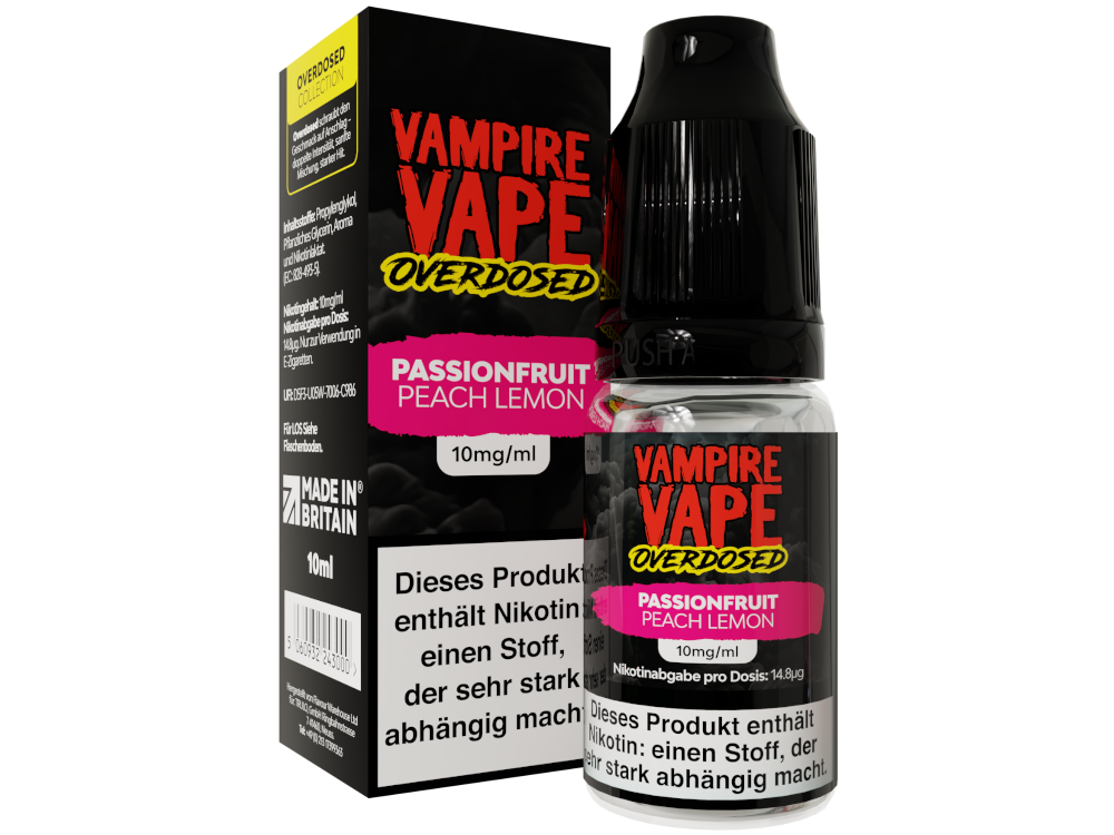 Vampire Vape - Overdosed - Passionfruit Peach Lemon - Nikotinsalz Liquid 10 mg/ml 10er Packung