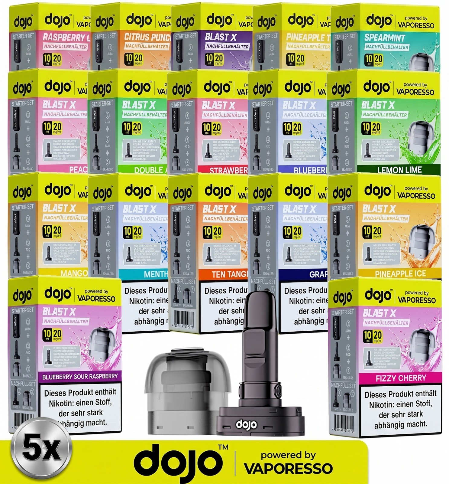5x Vaporesso Dojo Blast X 10ml Nachfülltank 20mg Nikotinsalz Liquid + 5x Leerpod